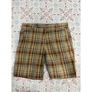 Vercho Mens Plaid Shorts Size 34 Brown Tan Yellow Checkered Flat Front Casual